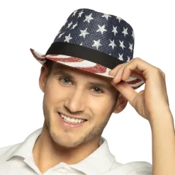 Amerikansk Strå Fedora Hat, Stars & Stripes Design