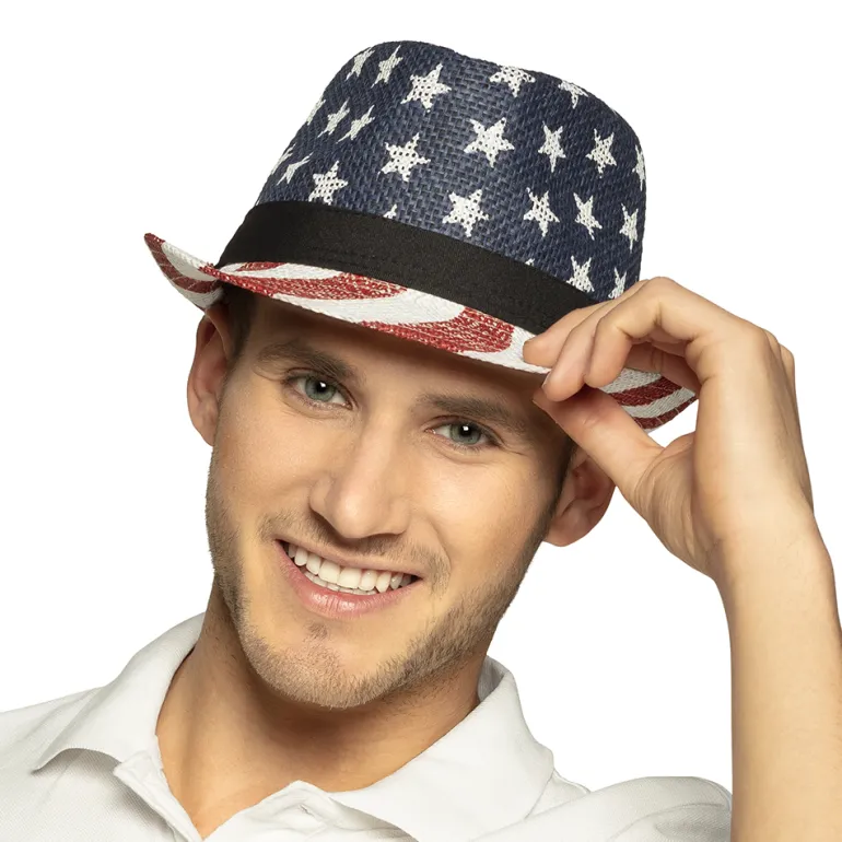 Amerikansk Strå Fedora Hat, Stars & Stripes Design