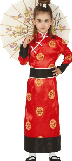 Asiatisk Prinsesse - Rødt Kimono Kostume Til Piger (3 - 12 år)