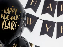 Ballon 30 cm, Happy New Year, Pastel Sort (6 Stk.)
