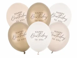 Beige mix "Happy Birthday" Balloner, 6 stk.