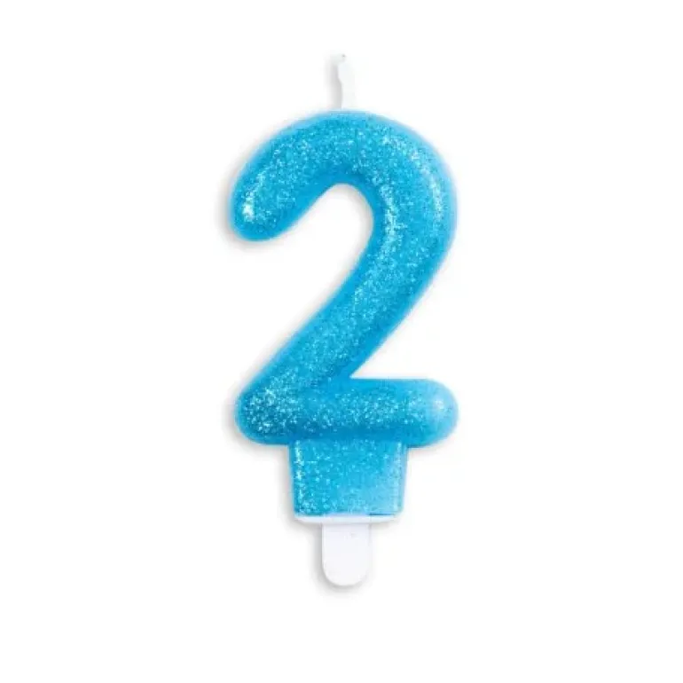 Blåt Talformet Kagelys m/Glitter 7 cm - 2 Tal