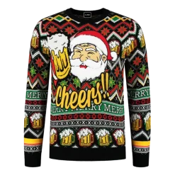 Cheers Santa! Sort Julesweater m/Plysset Skæg