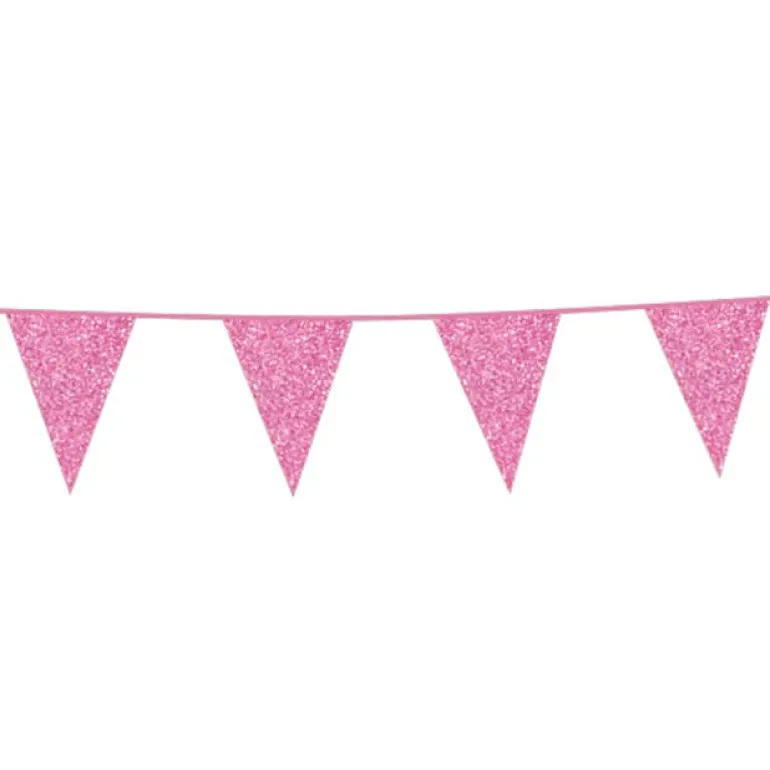Flagguirlande m/Lyserøde Glitter Vimpler 20x30cm, 6M