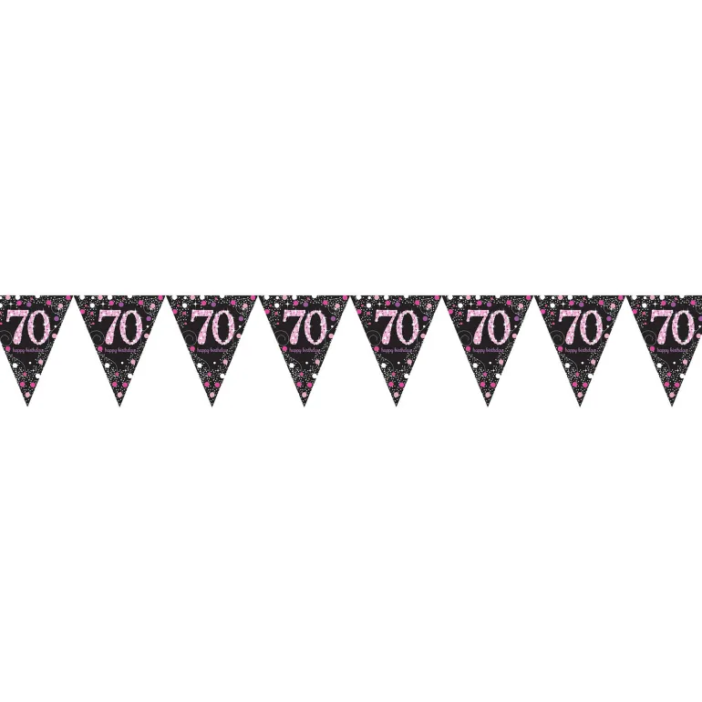 Flagguirlande 4M med Sparkling 70 År vimpel flag (sort & pink)