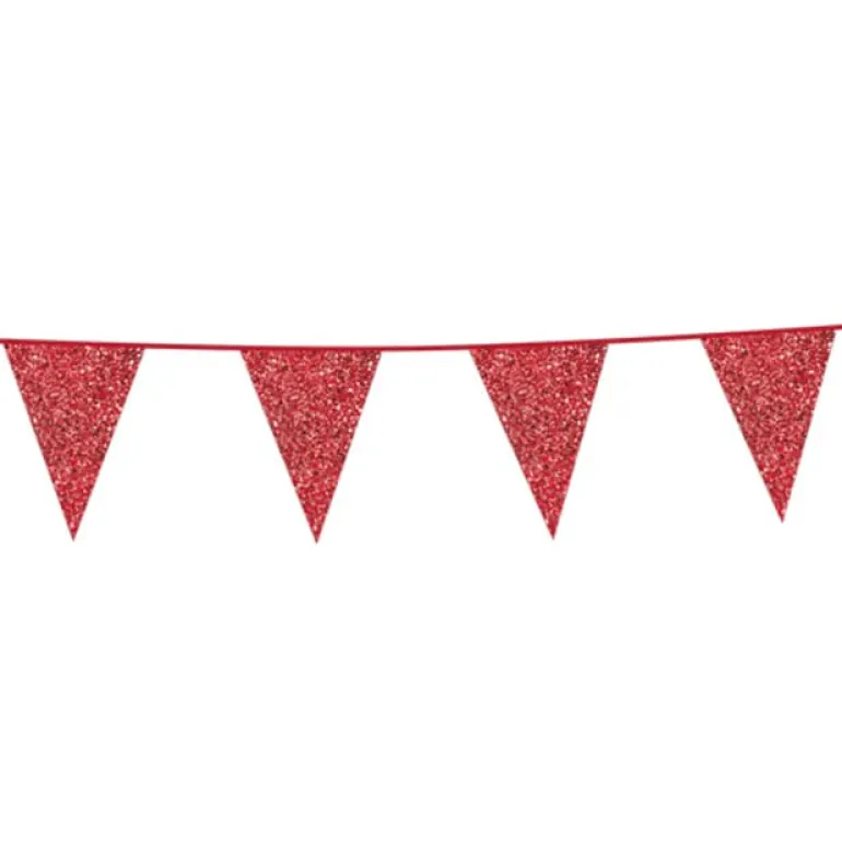 Flagguirlande m/Røde Glitter Vimpler 20x30cm, 6M