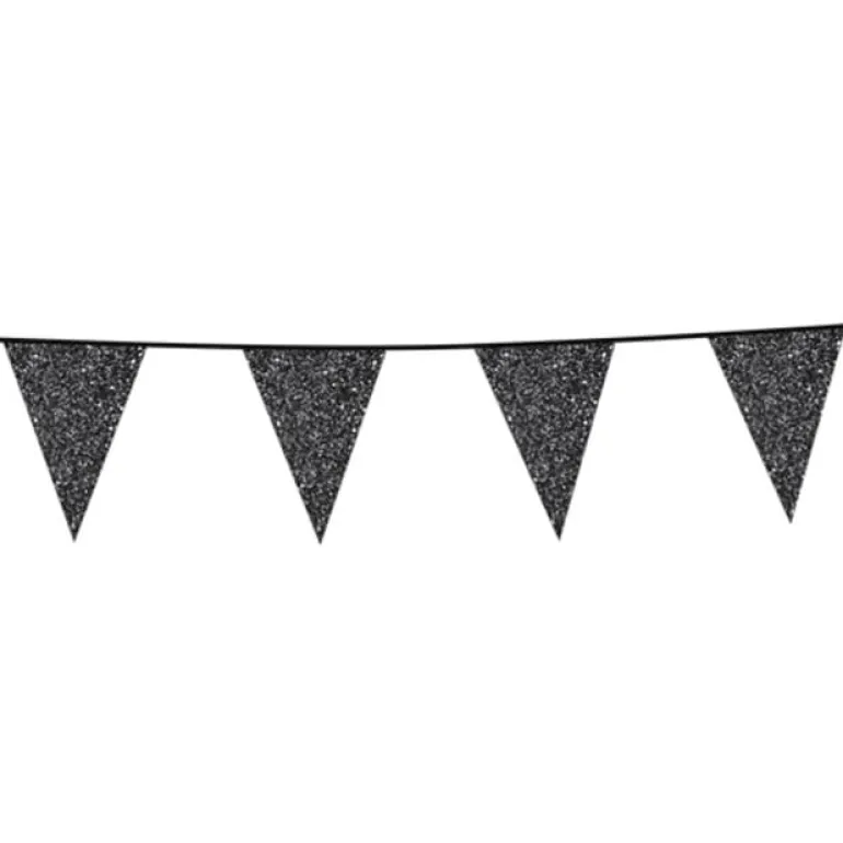 Flagguirlande m/Sorte Glitter Vimpler 20x30cm, 6M