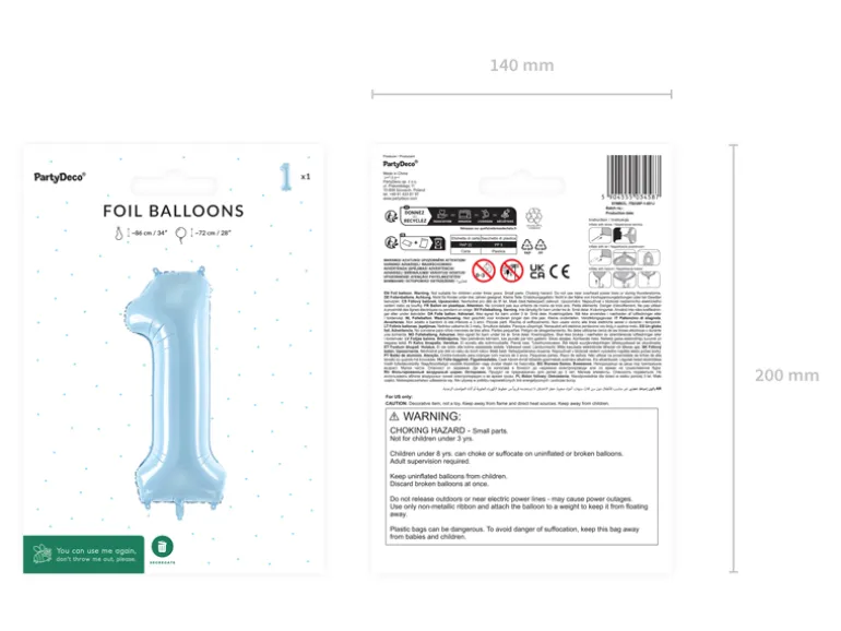 Folie Ballon Tal ''1'', 72 cm, Lyseblå
