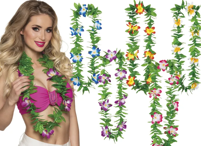 Grøn Hawaii Krans m/Assorteret Hibiscus Blomster