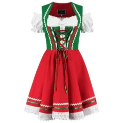 Grøn/Rød Mini Dirndl m/Løs Skjorte i 100% Bomuld