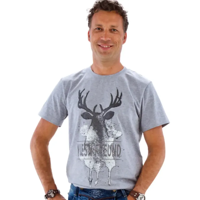 Grå Oktoberfest T-shirt, 95% Bomuld - "Wiesn Freund"