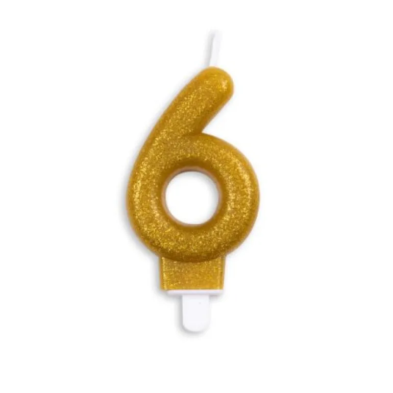 Guld Talformet Kagelys m/Glitter 7 cm - 6 Tal
