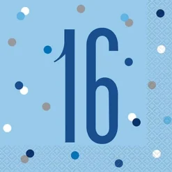 HAPPY BDAY, Blå Glitz Servietter - 16 År