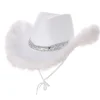 Hvid Cowboy Hat m/Fjer & Sølv Paillet Bånd