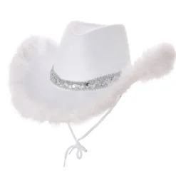 Hvid Cowboy Hat m/Fjer & Sølv Paillet Bånd