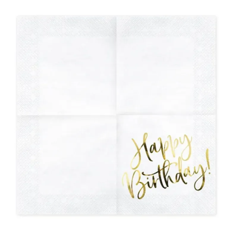 Hvide og Guld "Happy Birthday" Servietter, 20 stk.