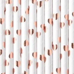Hvide Papir Sugerør m/Rosegold Hjerter