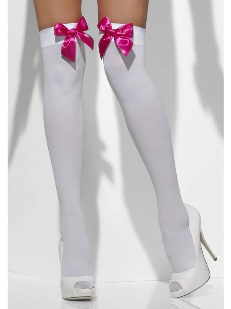 Hvide 'sid-selv' strømper med pink sløjfe