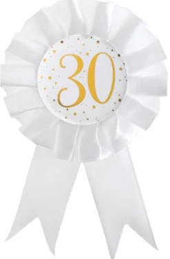 Hvid Fødselsdags Rosette m/Guld Print, 30 År