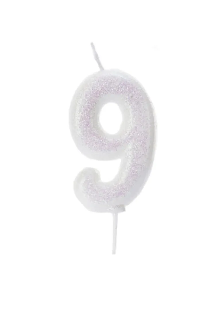 Iriscerende Hvidt Tal Kagelys m/Glitter 6.5 cm - 9