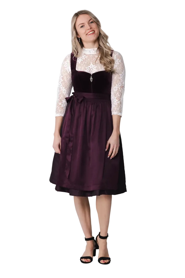 Luksus Dirndl i Auberginefarvet Velour & Jaquardvævet Stof