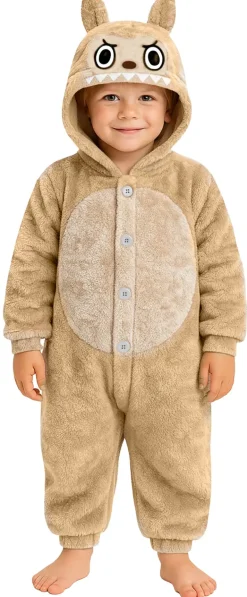 Lulu Monster, Brun heldragt med Hætte | Blødt Børnekostume (5 - 12 år)