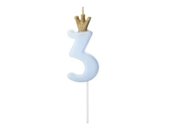 Lyseblåt "3" Kagelys m/Krone