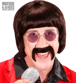 Mørkebrun Beatles Paryk Kit m/Briller & Overskæg