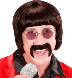 Mørkebrun Beatles Paryk Kit m/Briller & Overskæg