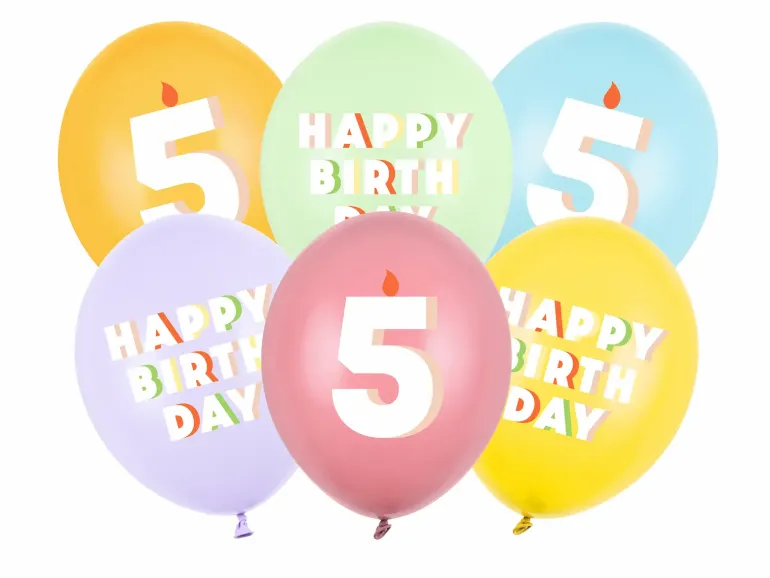 Pastel 5 Års Fødselsdagsballoner, 6 stk.