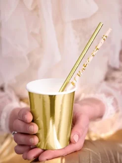 Pudder Rosa Papirsugerør m/Guld Marmor, 10 stk.