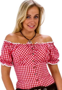 Rødternet Tyrolerbluse, Off-Shoulder m/ Pufærmer
