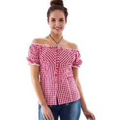 Rødternet Tyrolerbluse, Off-Shoulder m/ Pufærmer