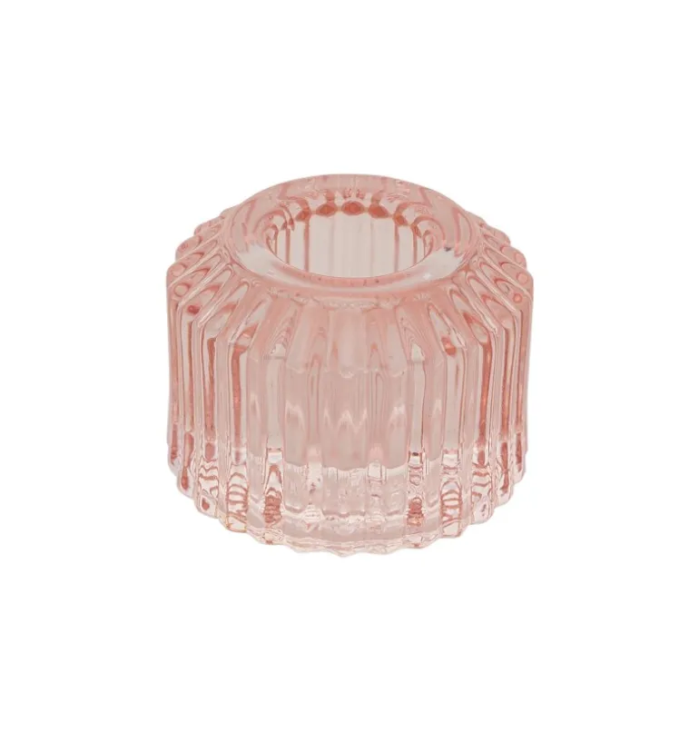 Rillet Lysestage Rund Lyserød, 5 x 4 cm
