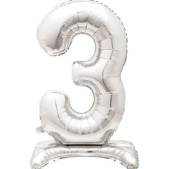 Sølv Folie "3" Tal Ballon på Fødder t/Luft, 76 cm