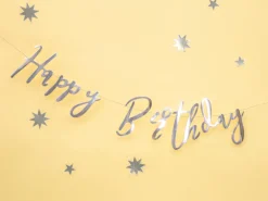 Sølv Skråskrift "Happy Birthday" Banner, 62cm