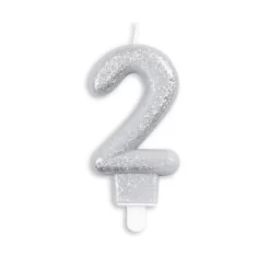 Sølv Talformet Kagelys m/Glitter 7 cm - 2 Tal