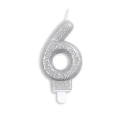Sølv Talformet Kagelys m/Glitter 7 cm - 6 Tal