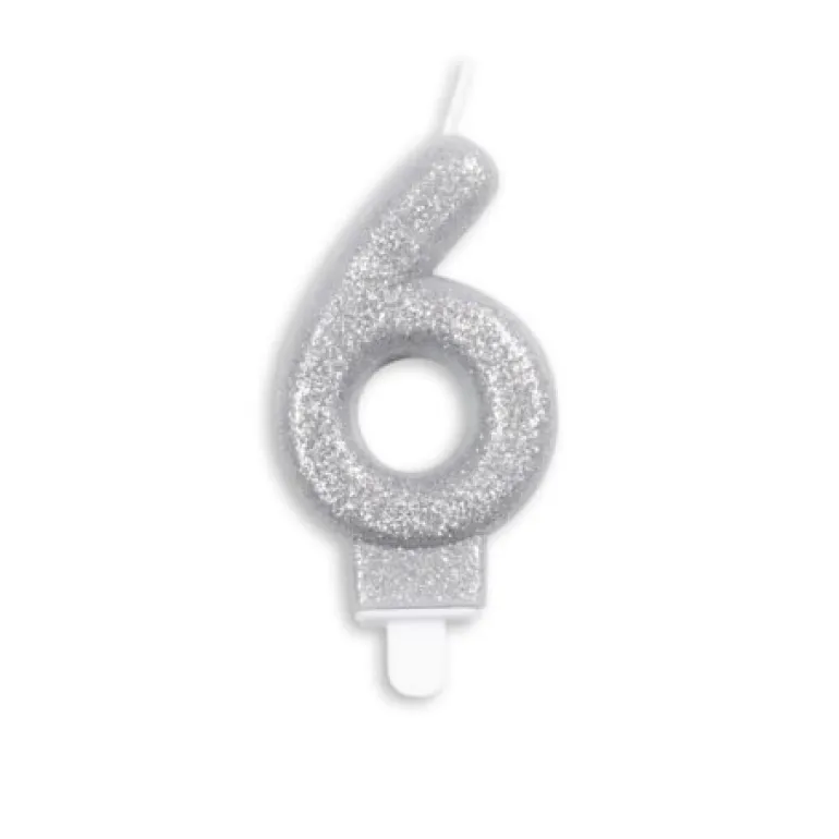 Sølv Talformet Kagelys m/Glitter 7 cm - 6 Tal