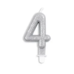 Sølv Talformet Kagelys m/Glitter 7 cm - 4 Tal