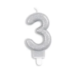 Sølv Talformet Kagelys m/Glitter 7 cm - 3 Tal