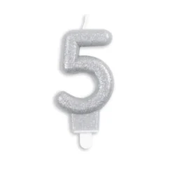 Sølv Talformet Kagelys m/Glitter 7 cm - 5 Tal