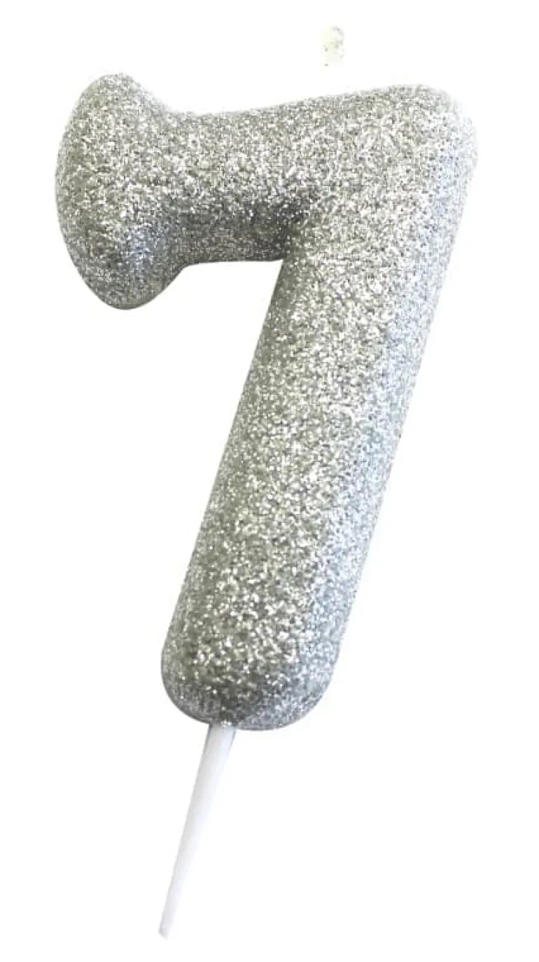 Sølv Tal Kagelys m/Glitter 6.5 cm - 7 Tal