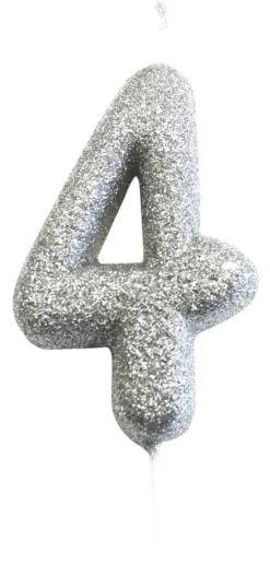 Sølv Tal Kagelys m/Glitter 6.5 cm - 4 Tal