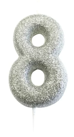 Sølv Tal Kagelys m/Glitter 6.5 cm - 8 Tal