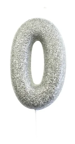 Sølv Tal Kagelys m/Glitter 6.5 cm - 0 Tal