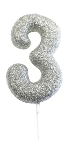 Sølv Tal Kagelys m/Glitter 6.5 cm - 3 Tal