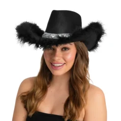 Sort Cowboy hat m/Fjer & Sølv Pailletbånd
