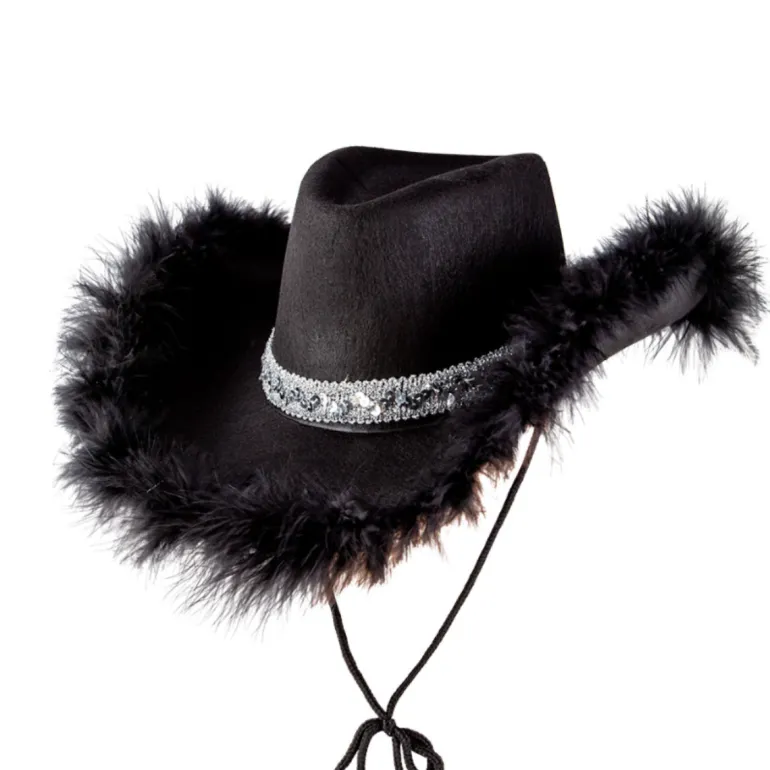 Sort Cowboy hat m/Fjer & Sølv Pailletbånd