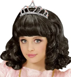 Sort Prinsesse Børne Paryk m/Sølv Tiara